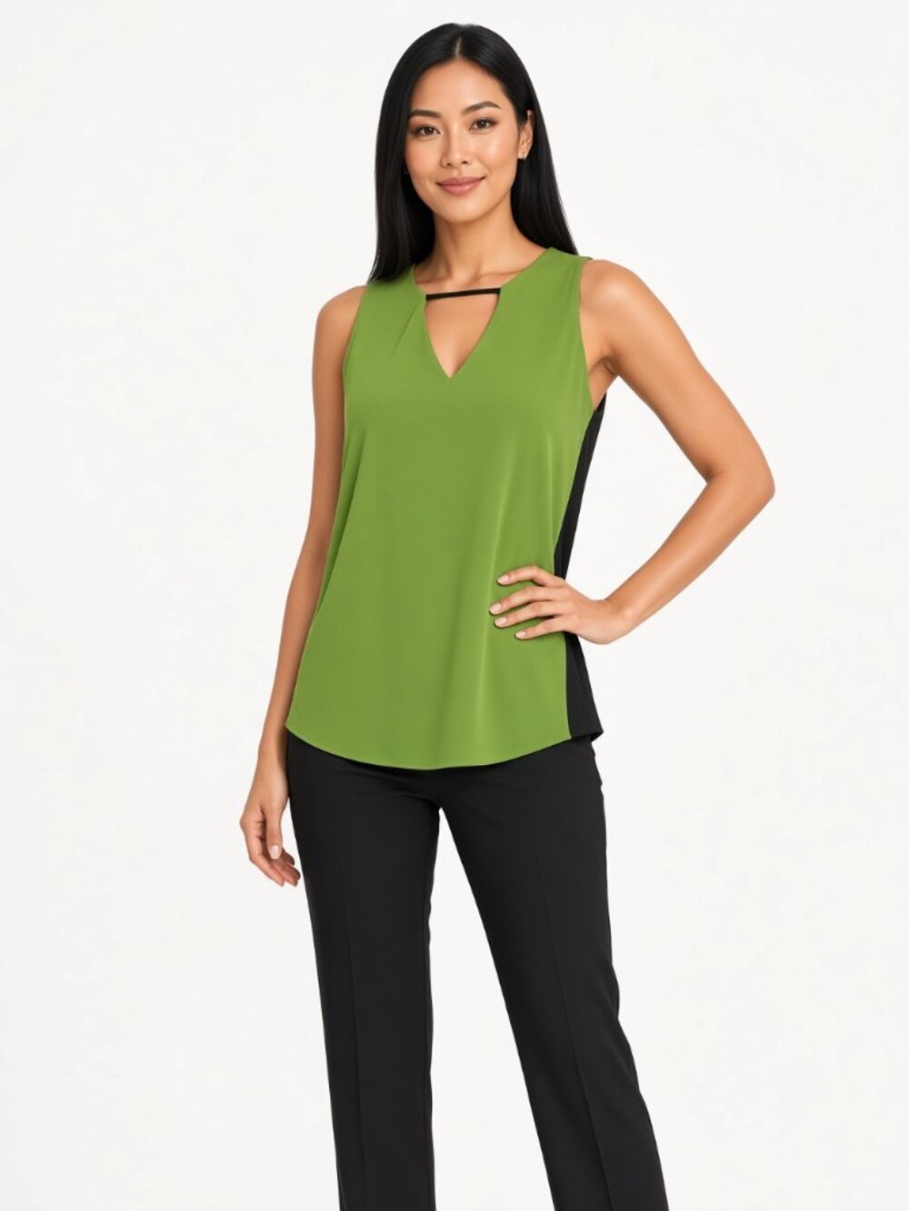Worthington Lime Green Black Colorblock Sleeveless Tunic Top V-Back